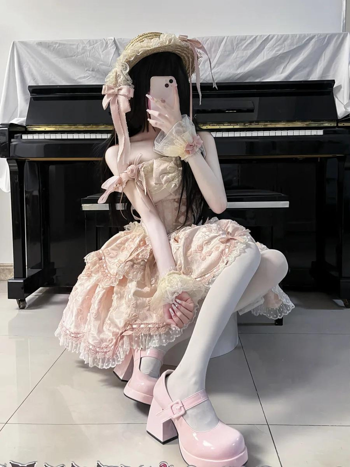 Sweet Pink Balletcore Lolita JSK Dress Full Set with Petticoat