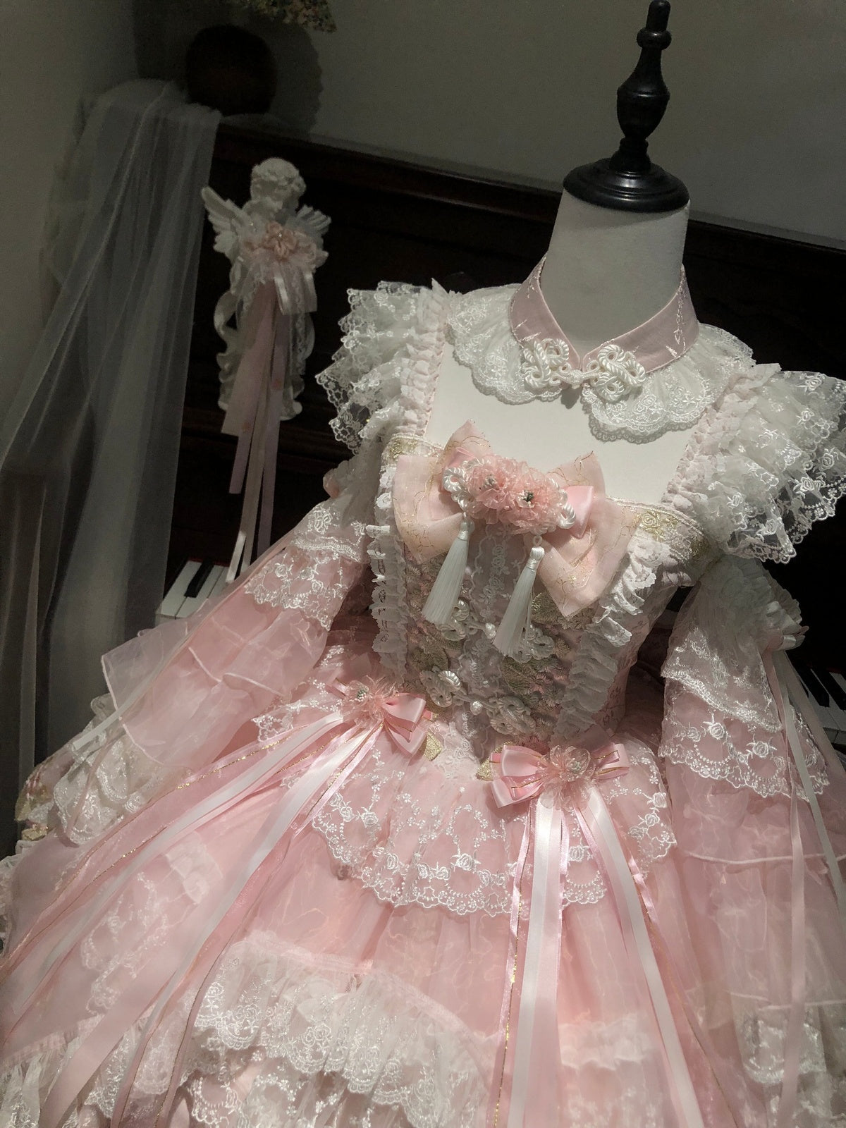 Pink Qi Lolita JSK Dress with Detachable Sleeves & Back Bow