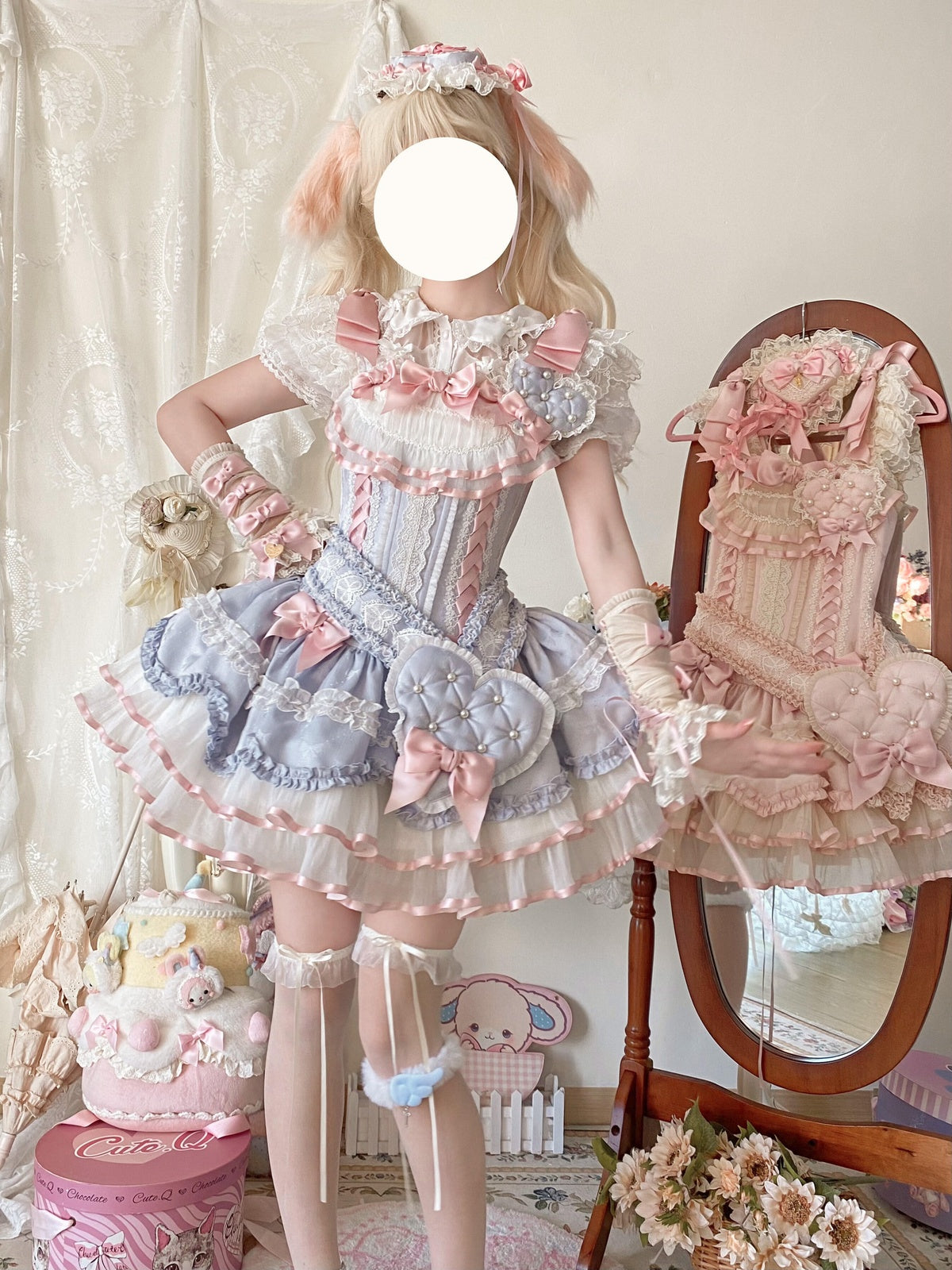 Sweet Ribbon Lolita Ballet JSK Dress - Blue & Pink Princess Gown