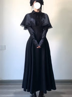 Gothic Black Long Lolita Dress Set with Bowknot Cape & Knit Sleeves