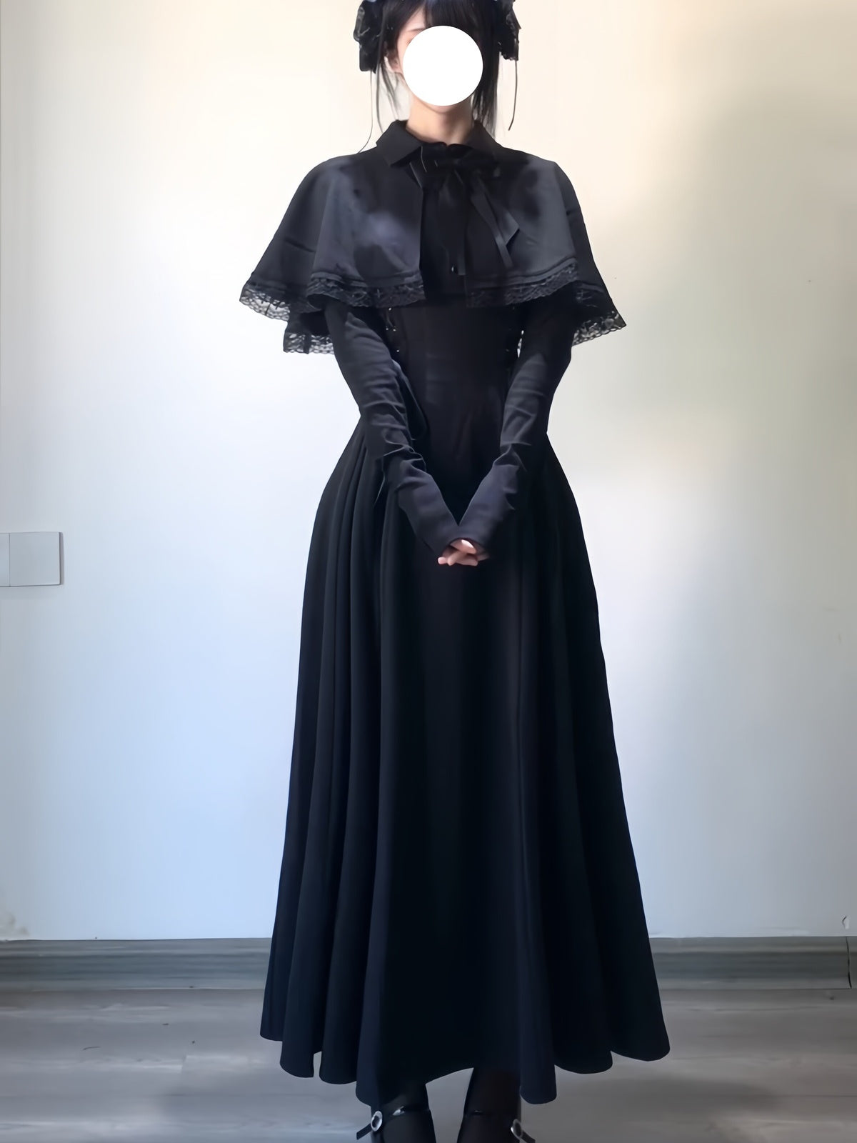 Gothic Black Long Lolita Dress Set with Bowknot Cape & Knit Sleeves