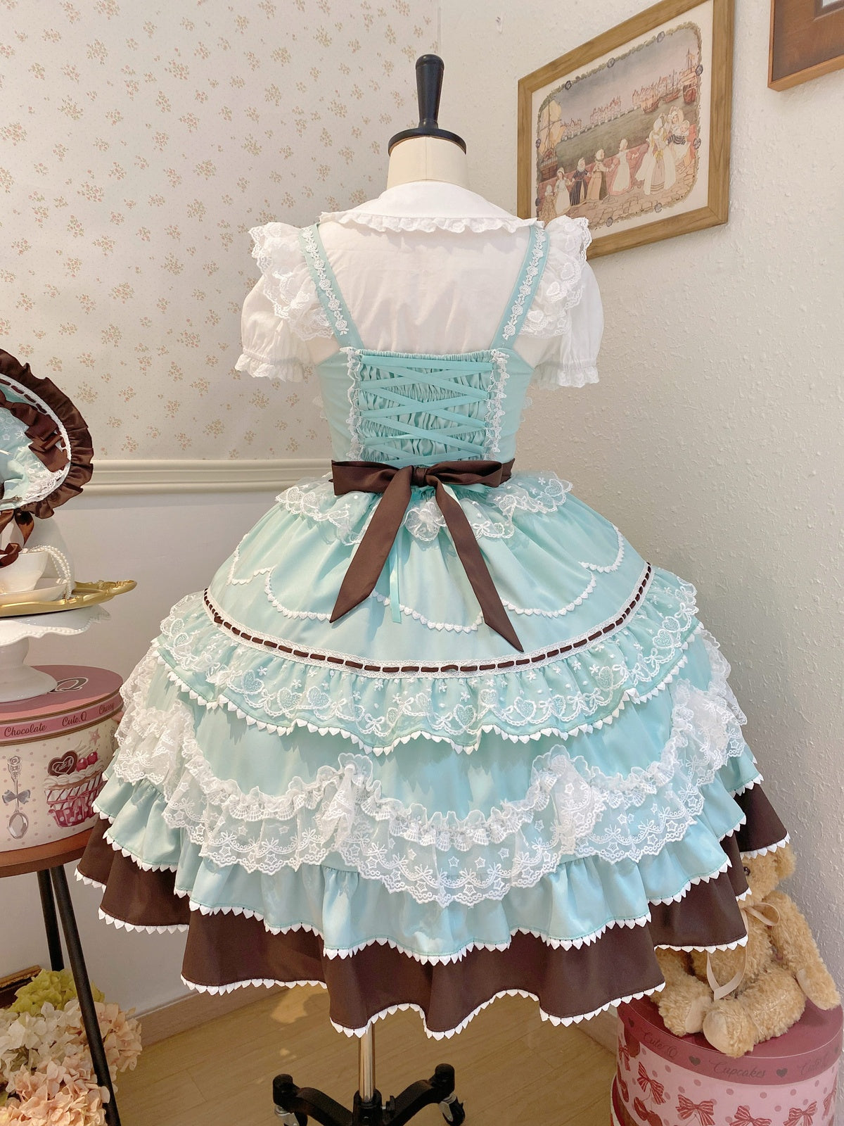 Mint Chocolate Lolita JSK Dress Set with Bonnet | Cute Gown