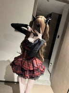 Gothic Punk Red Plaid Lolita Dress Set with Cardigan