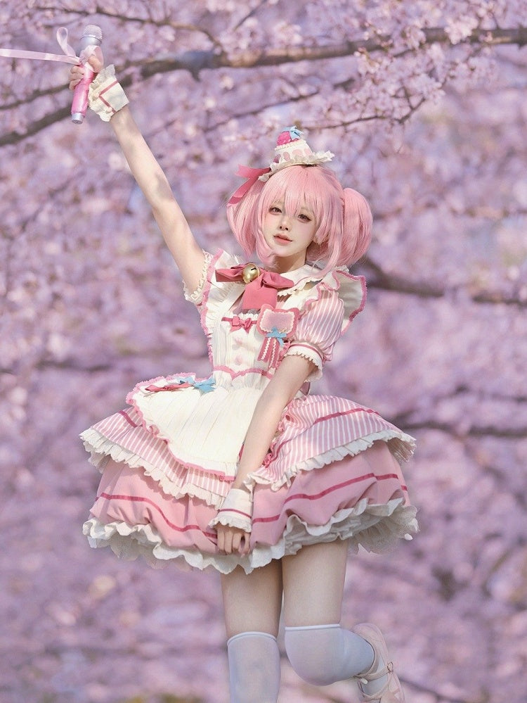 Strawberry Theme Sweet Lolita OP with Apron, Sakura Pink Striped Pattern - Sakurahime | CoyBunny