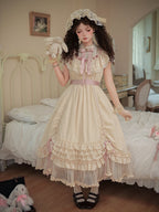 Beige Rosette Jacquard OP Dress with Ruffles - With PUJI | CoyBunny