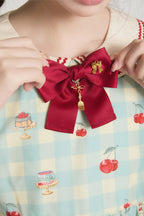 Mint Green High-Waisted Cherry and Dessert Print Sweet Lolita Gingham Dress | CoyBunny
