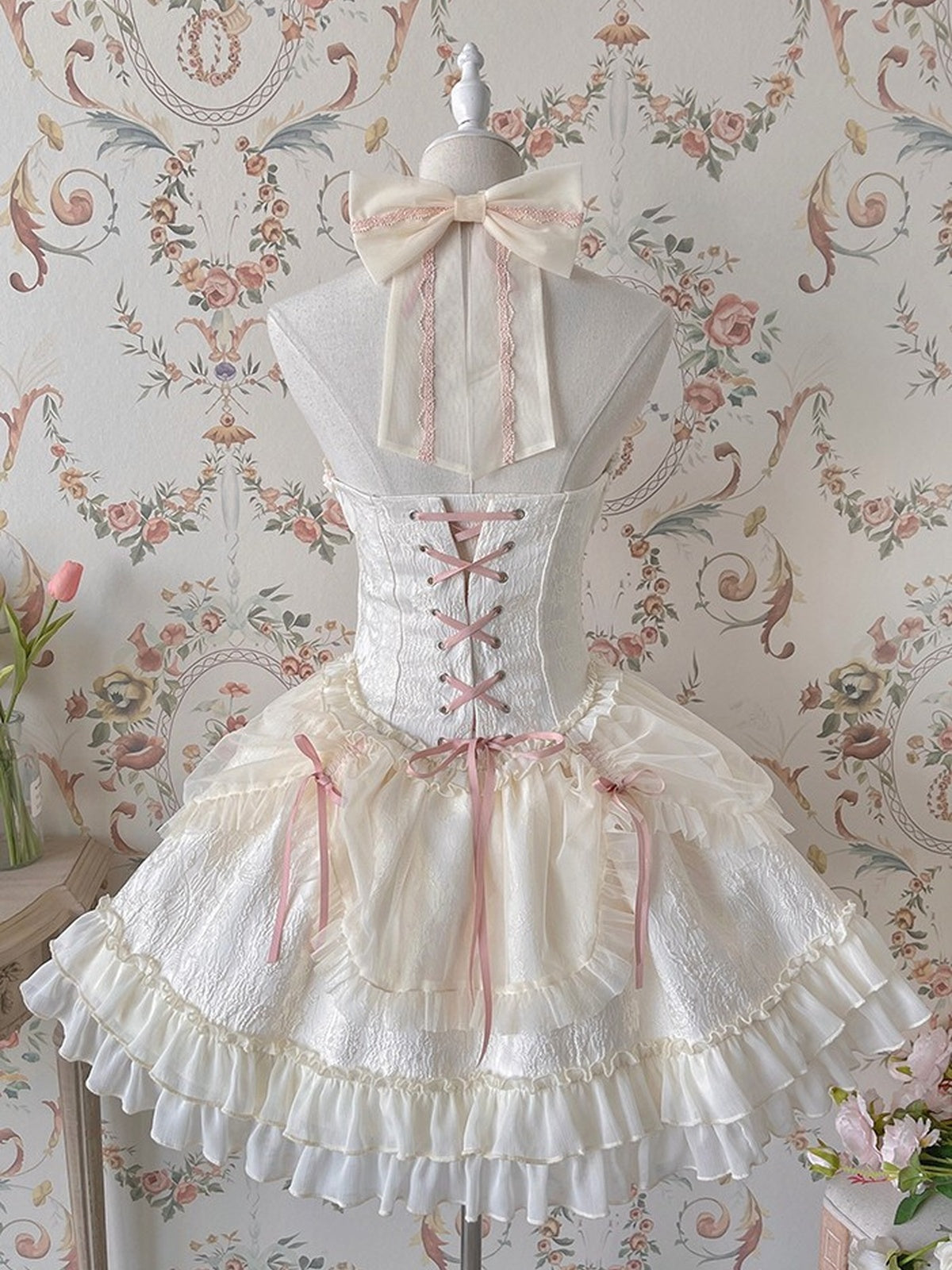 Off-White Pink Gothic Lolita Halter JSK Dress with Sleeves & Hair Clip