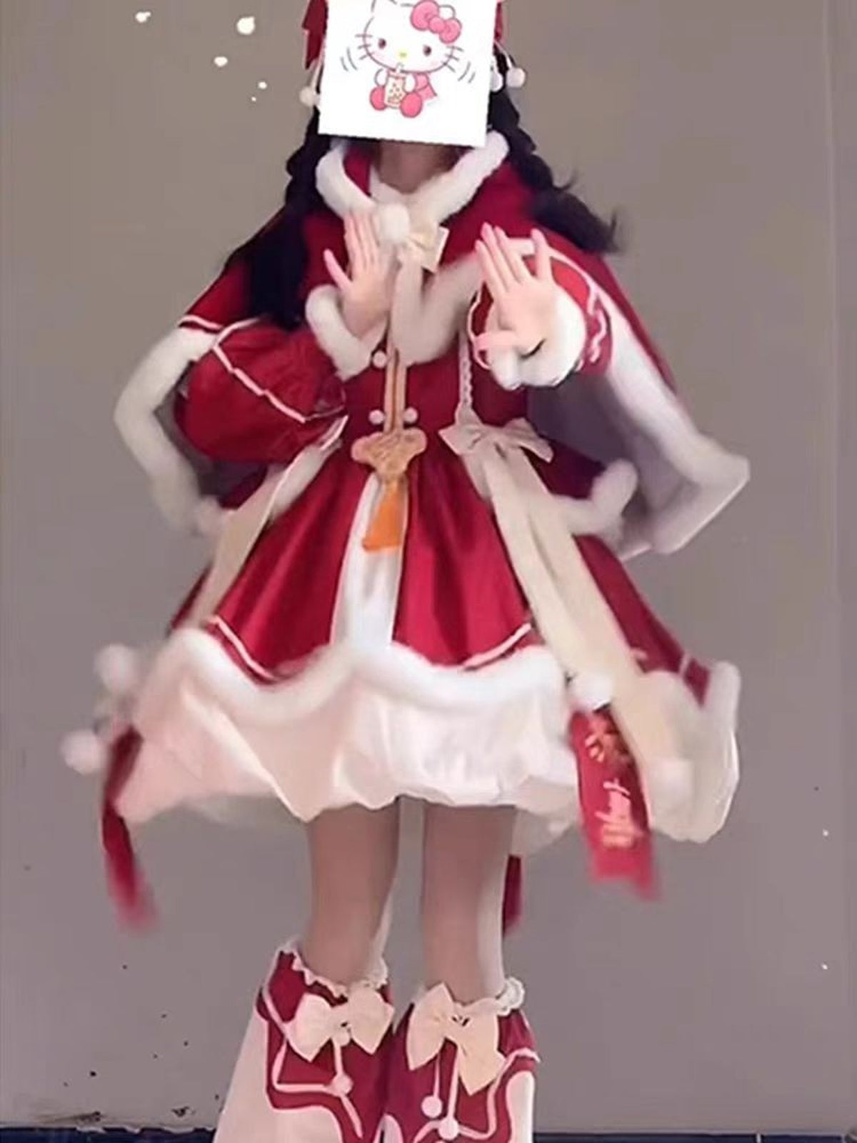 Red New Year & Christmas Lolita Dress Full Set with Cloak & Train