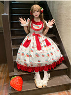 Plus Size Strawberry Print Sweet Lolita OP Dress - Large Hem Long Style
