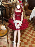 Sweet Wine Red Rose Lolita JSK Princess Dress with Choker & Train