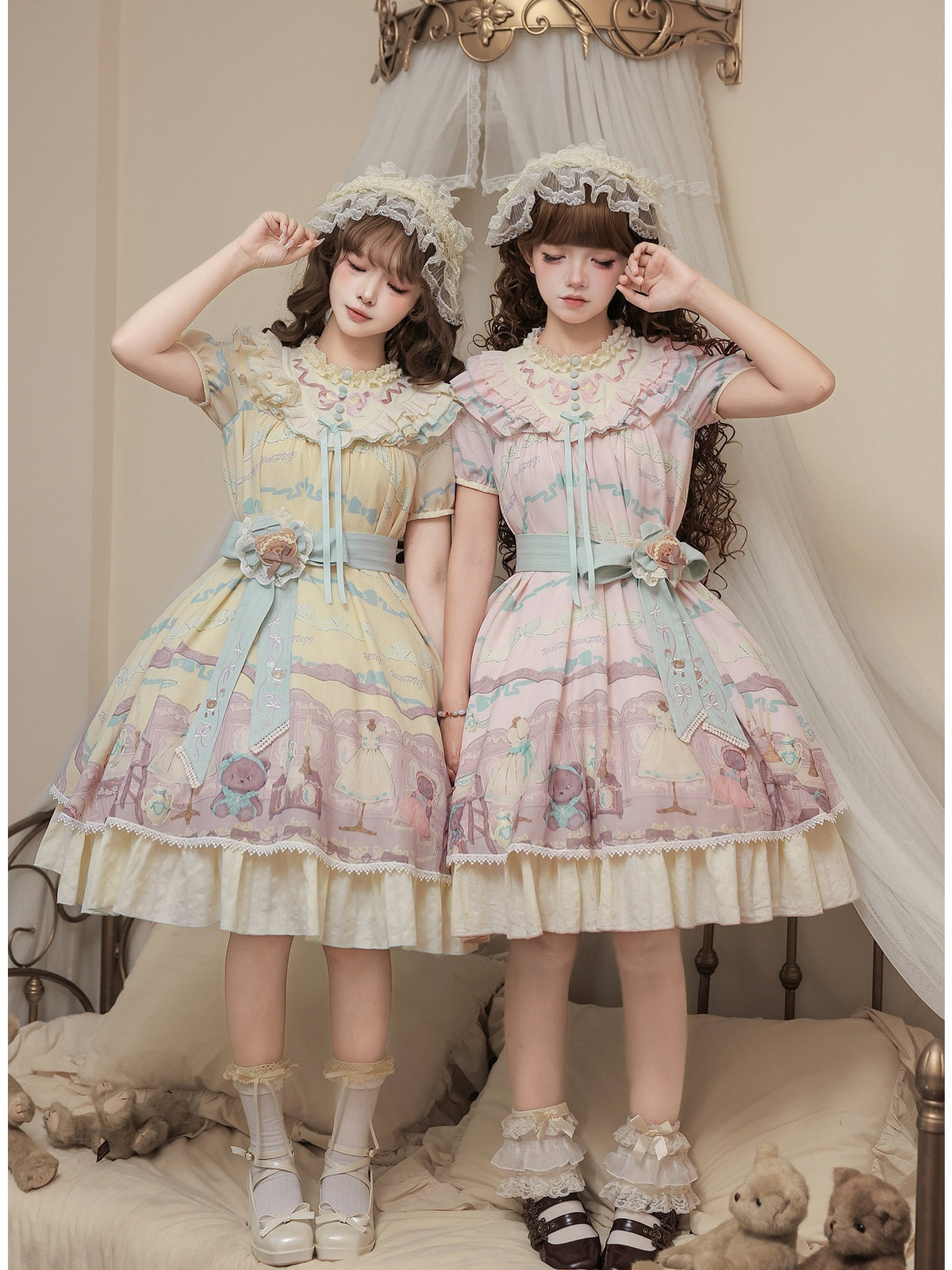 Cinnamon Pink Doll Lolita Bear Print OP Set with Bonus Accessories