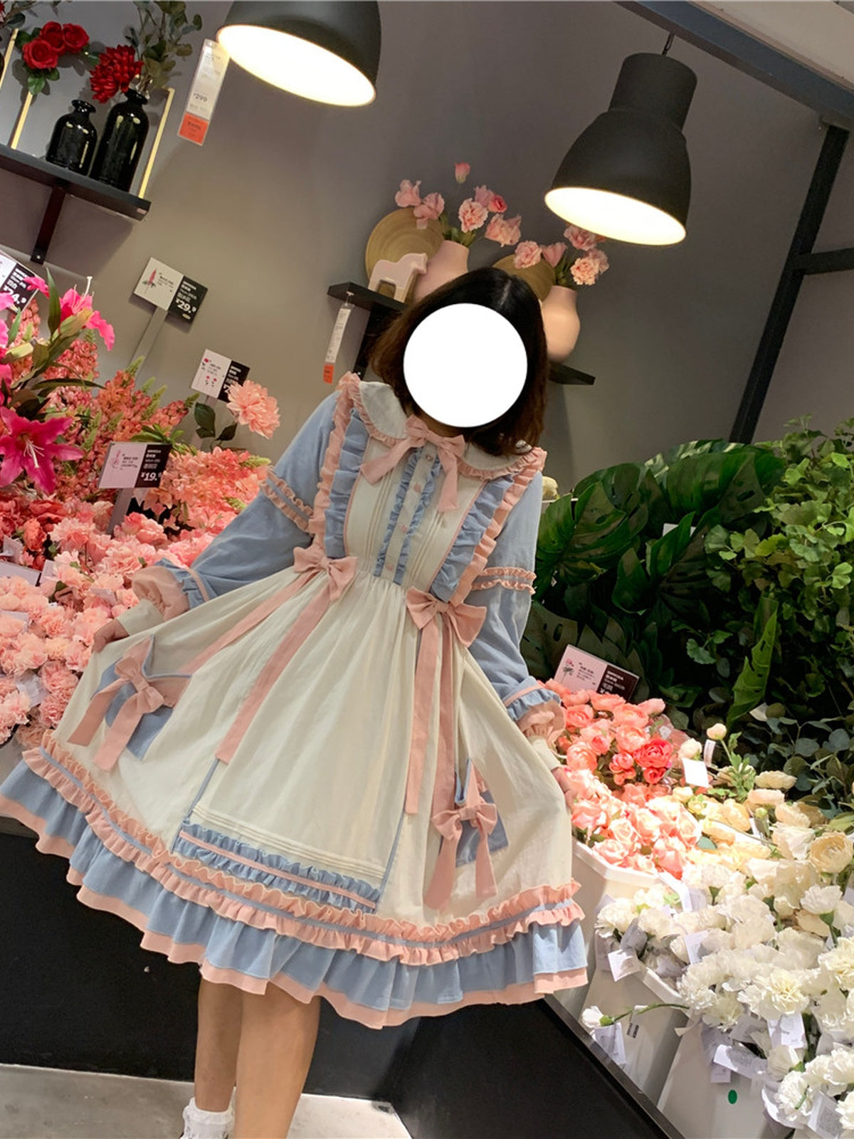 Plus Size Sweet Lolita OP Dress - Pink Blue & Beige Sweet Puff