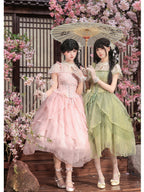 Green Chinese Style Lolita Petal Hem Print OP with Lift-Up Skirt