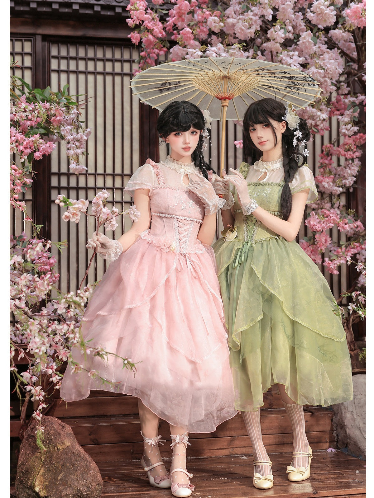 Green Chinese Style Lolita Petal Hem Print OP with Lift-Up Skirt