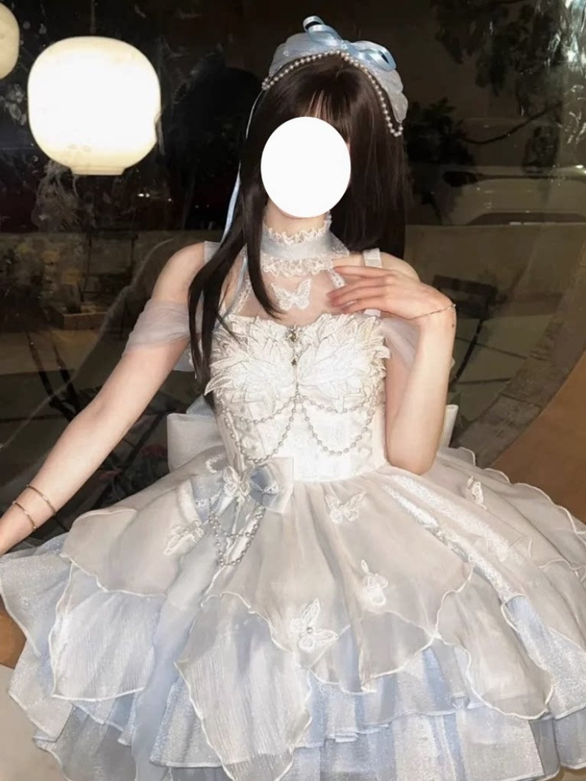 Glitter Blue & White Lolita Princess Dress Set with Free Petticoat