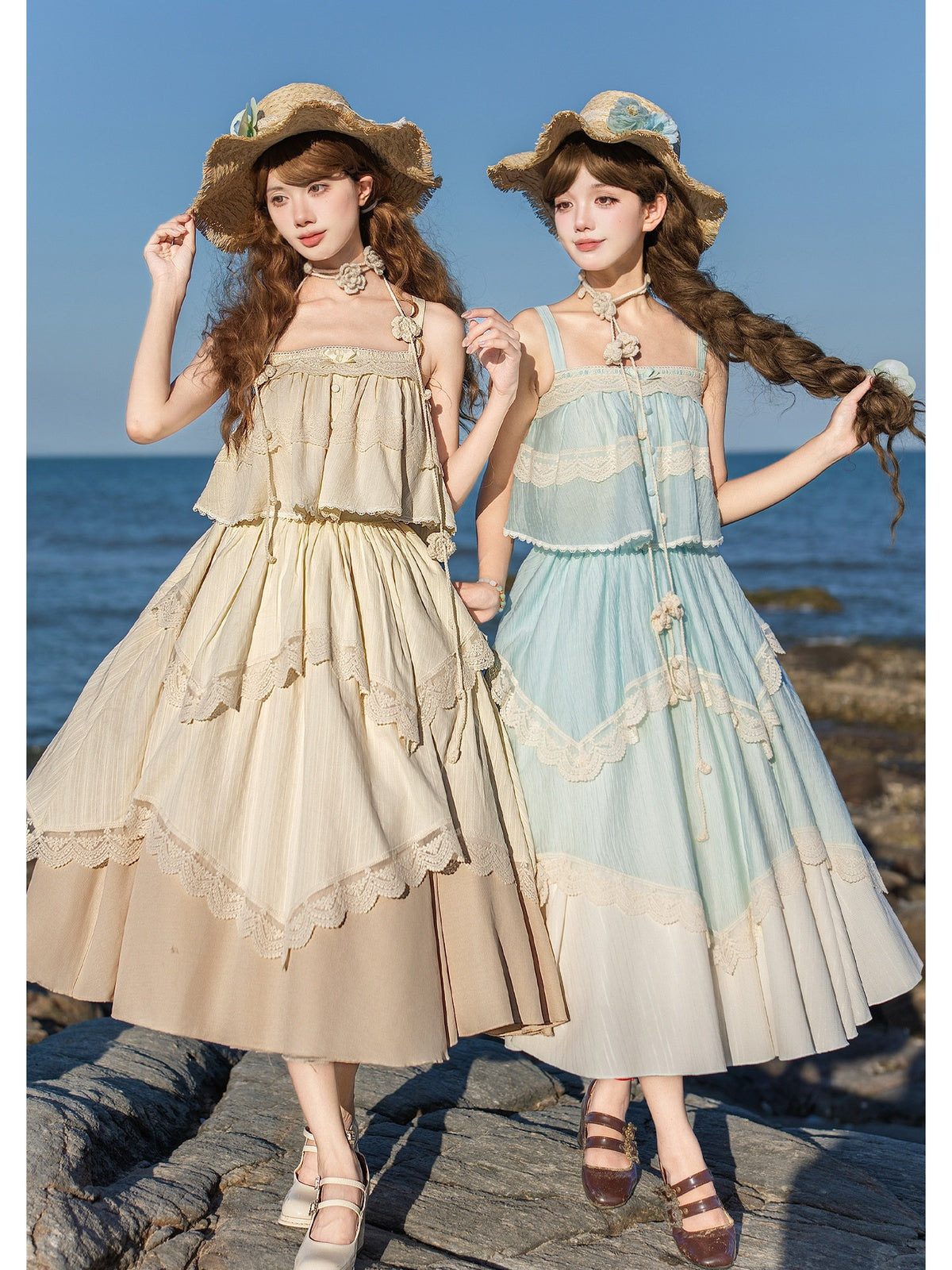 Blue Green Lolita Camisole Top & Asymmetrical Skirt Set