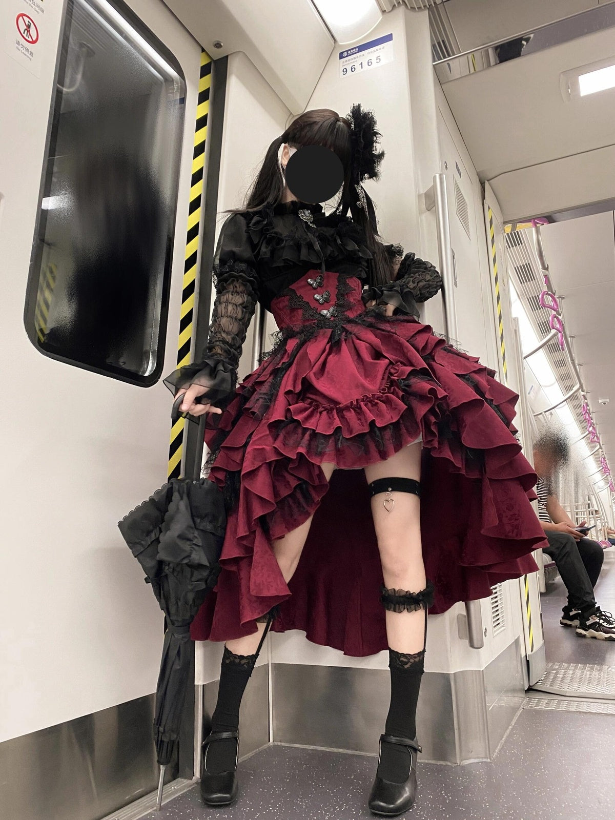 Black and Red Gothic Lolita Dress Set for Halloween Cosplay