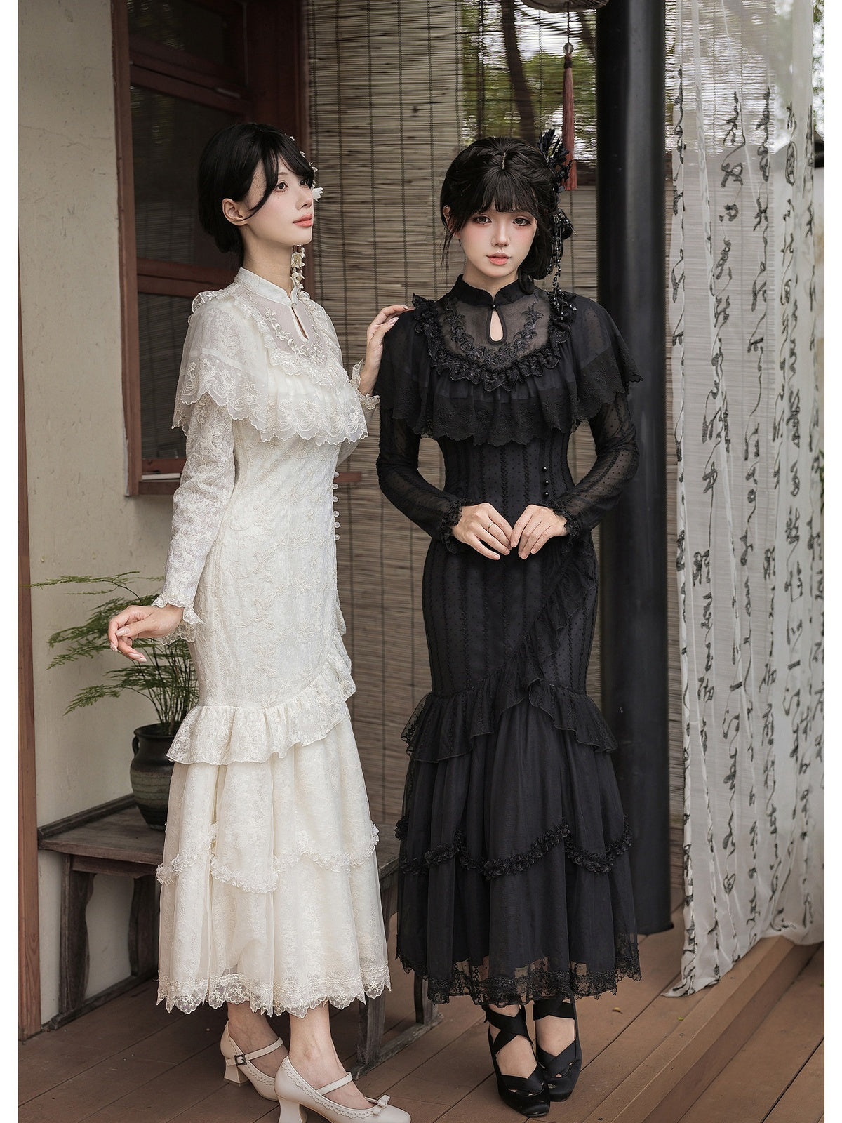Black Embroidered Mermaid Cheongsam Lolita Set with Choker
