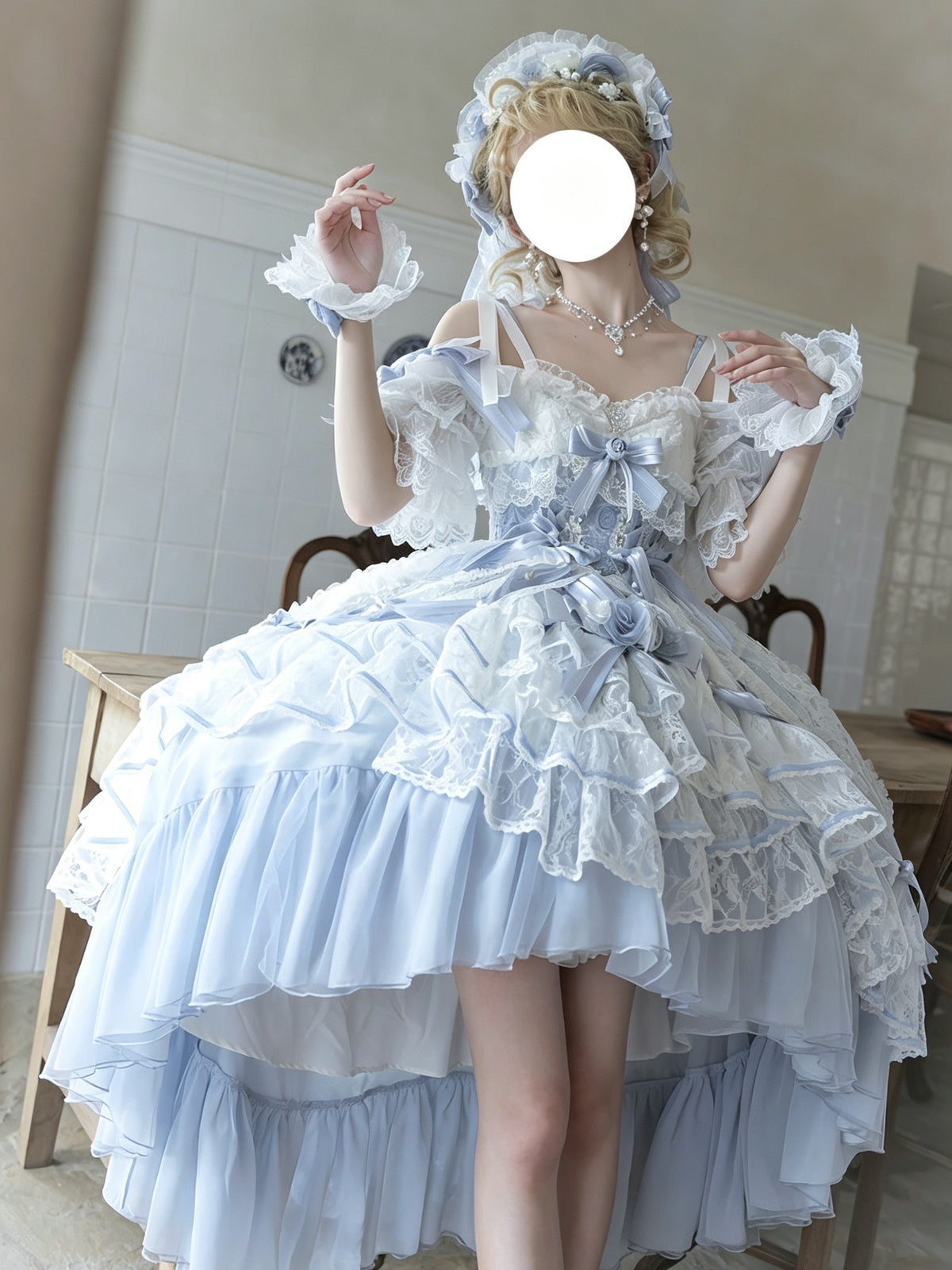 Sweet Lolita Blue Rose Dress Set - Lace Princess Birthday Gown