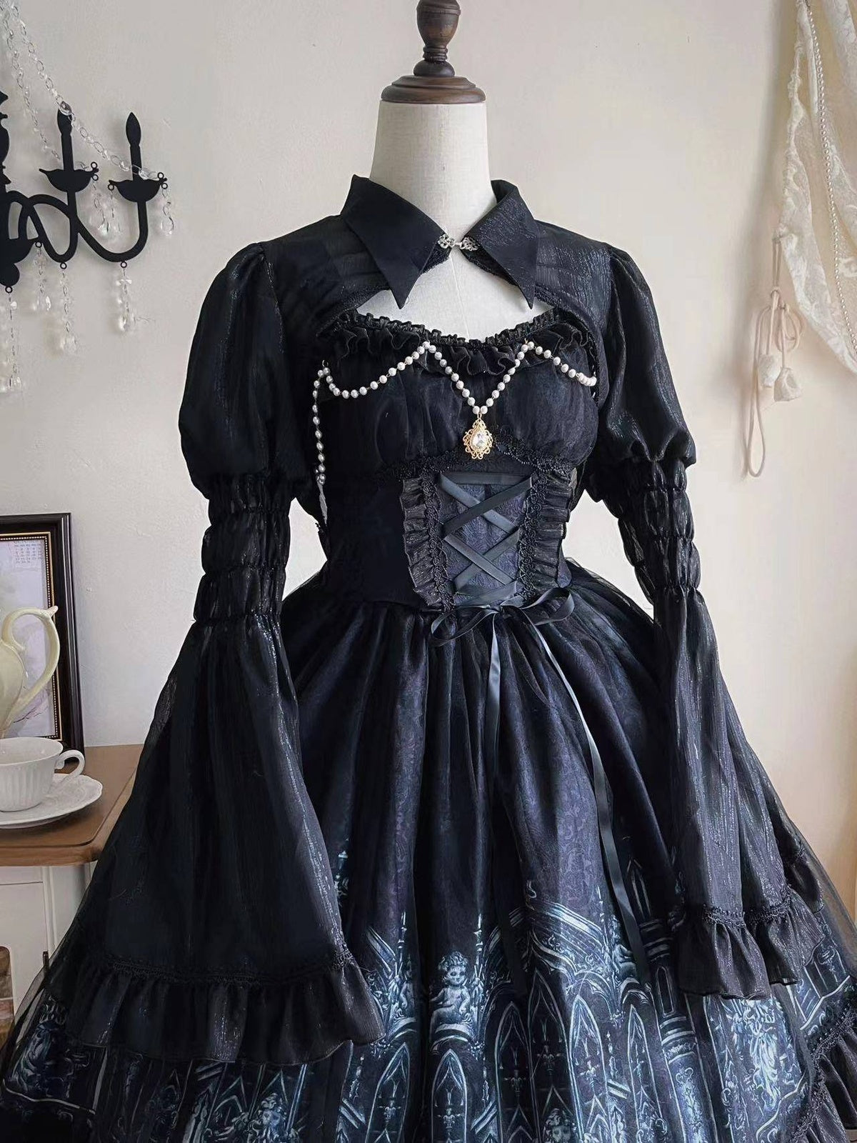 Black Gothic Lolita JSK Dress & Matching Shoulder Cape Set