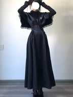 Gothic Black Long Lolita Dress Set with Bowknot Cape & Knit Sleeves
