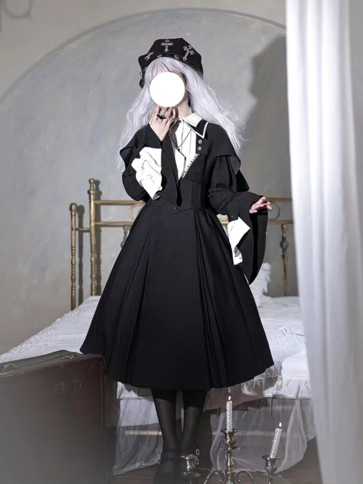 Black Gothic Nun Lolita OP Set with Cape & Necklace