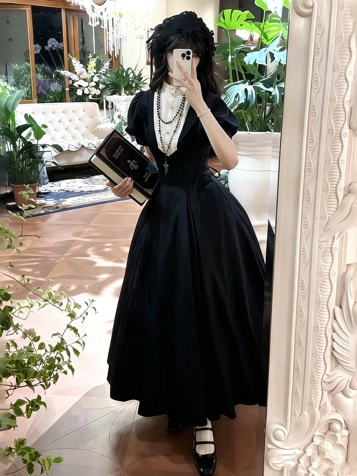 Gothic Nun Lolita Vintage Court Dress with Necklace