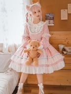 Pink Polka Dot Sweet Lolita OP Long Sleeve Dress & Headpiece