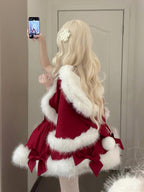 Red Christmas Lolita Dress Full Set with Winter Furry Cape