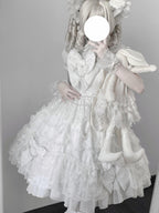 Vintage Old-School White Lolita JSK Dress Full Set with Petticoat