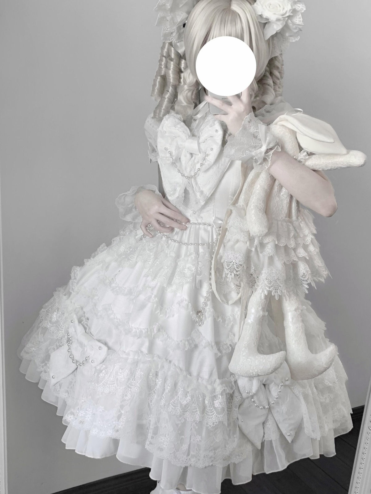Vintage Old-School White Lolita JSK Dress Full Set with Petticoat