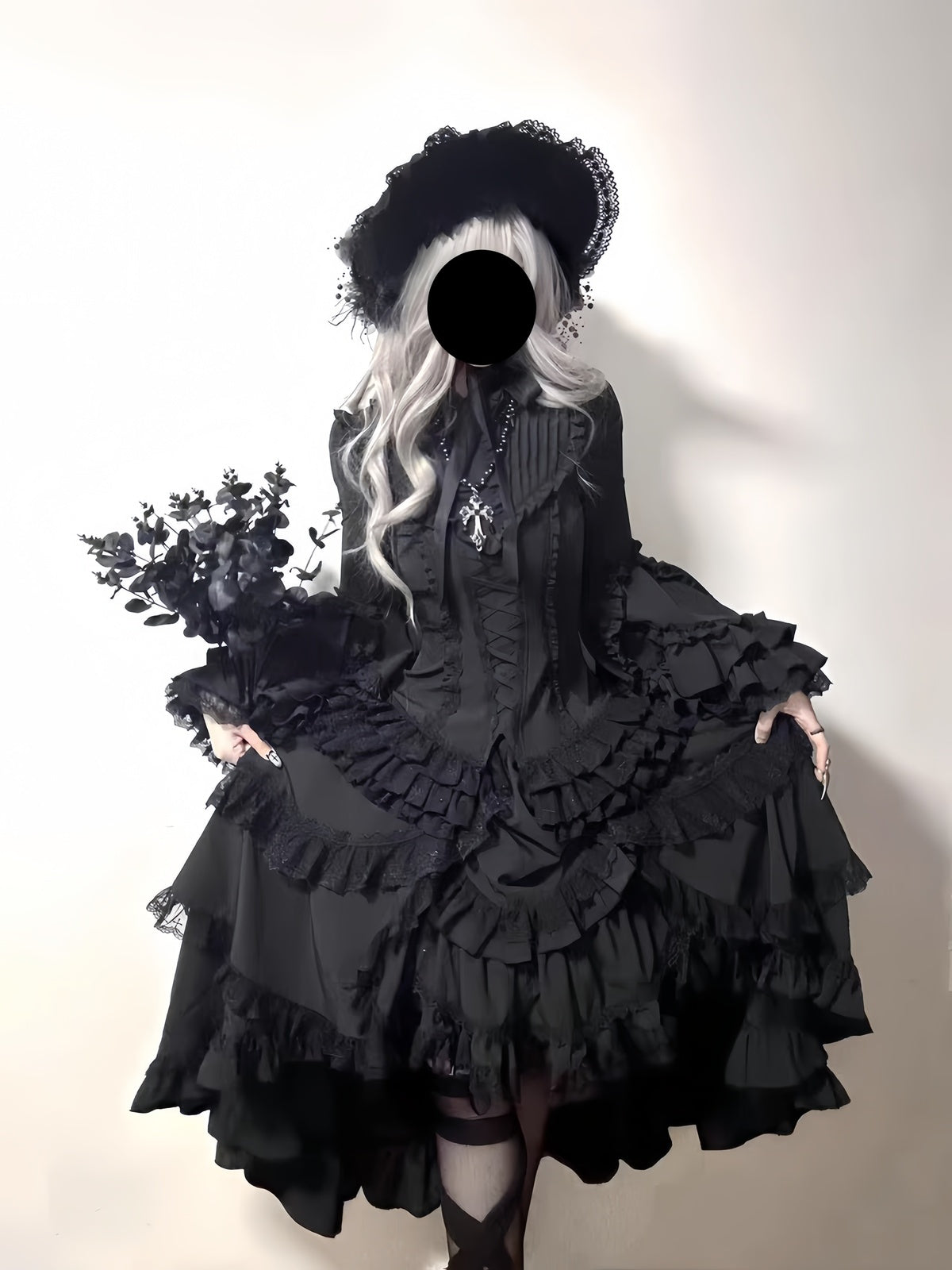 Gothic Black Phoenix Lolita Dress Set with Blouse & Tiered Skirt