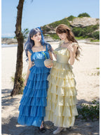 Blue Square Neck Lolita Dress Set with Seven-Tier Ruffles