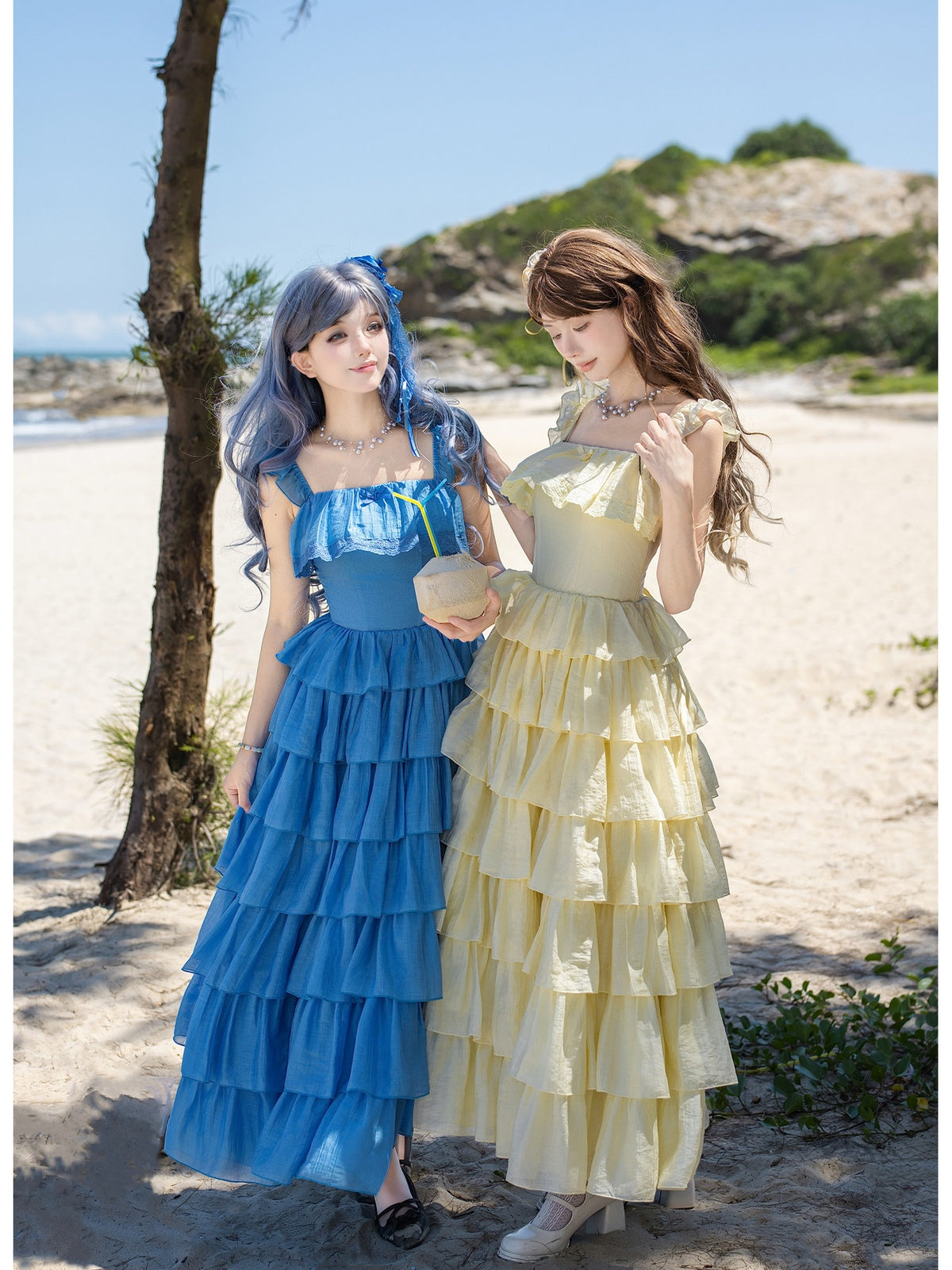 Blue Square Neck Lolita Dress Set with Seven-Tier Ruffles