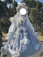 Sky Blue Sweet Lolita Long Sleeve OP Dress with Headband & Petticoat