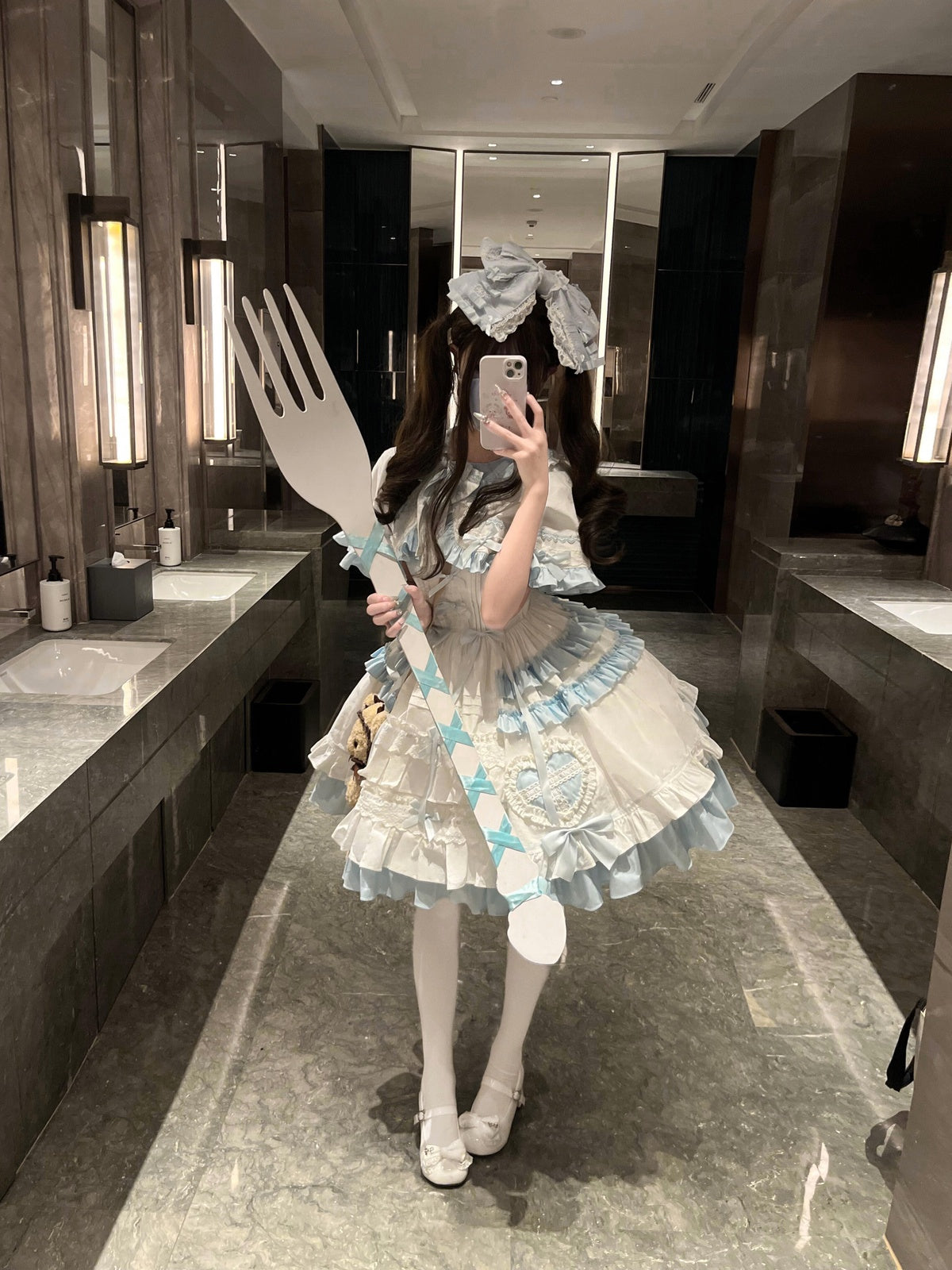 Blue & White Sweet Lolita Dress Set with Cape & Hair Clip Full Set