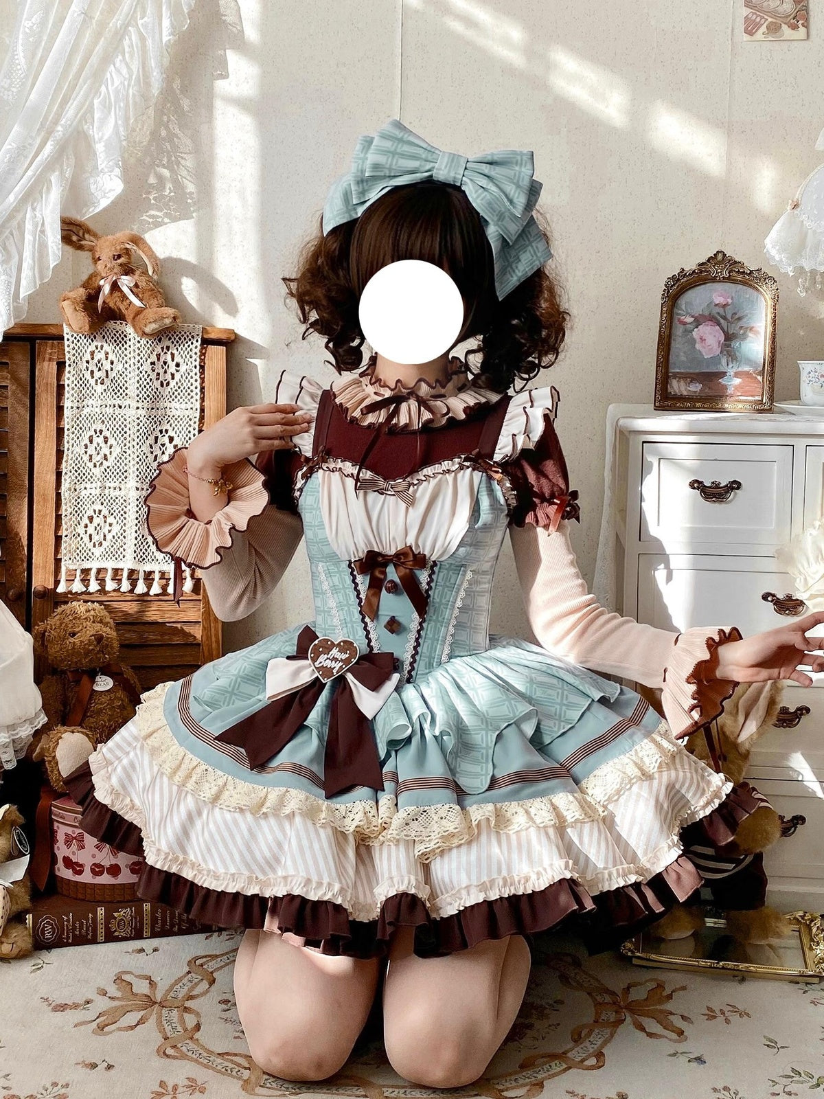 Mint Chocolate Sweet Lolita JSK Dress Set with Knit Blouse
