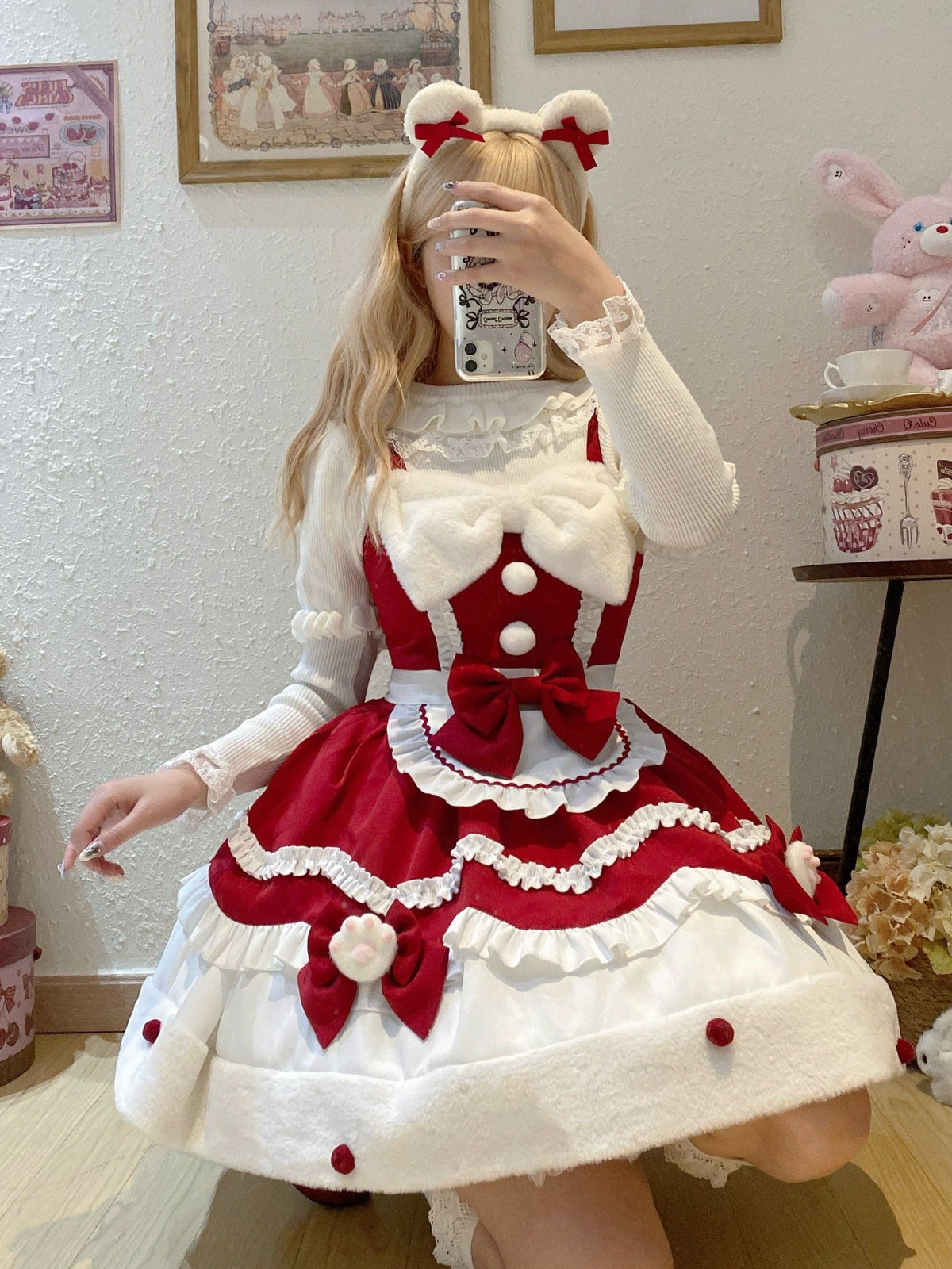 Red Christmas Sweet Lolita JSK Dress & Cute Apron Winter Set