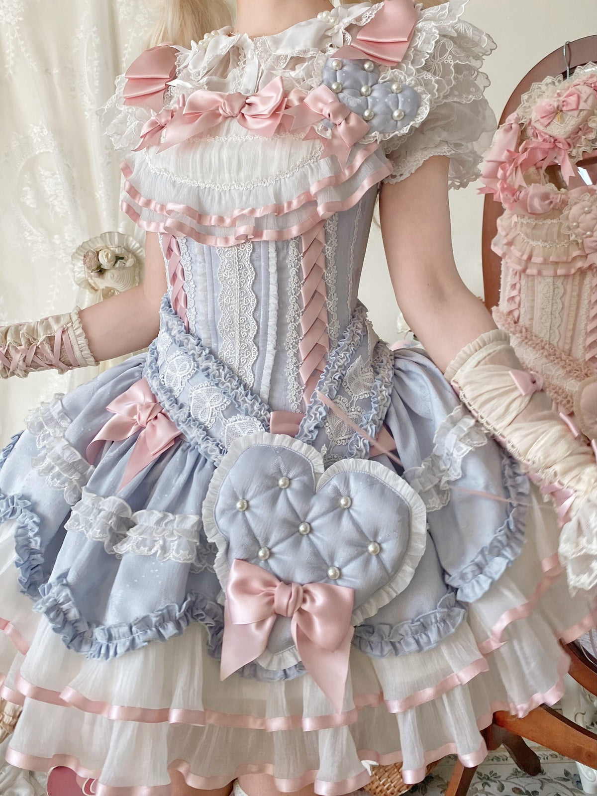 Sweet Ribbon Lolita Ballet JSK Dress - Blue & Pink Princess Gown