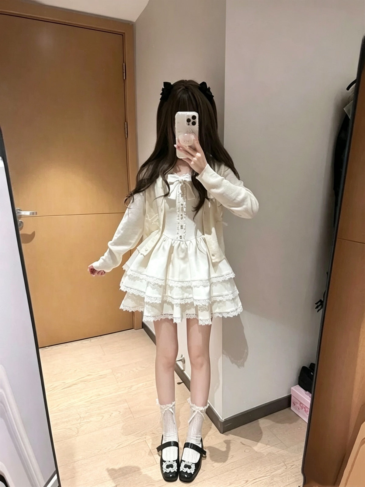 Cute Apricot Sweet Lolita Dress Long Sleeve Cardigan Mini JSK Set