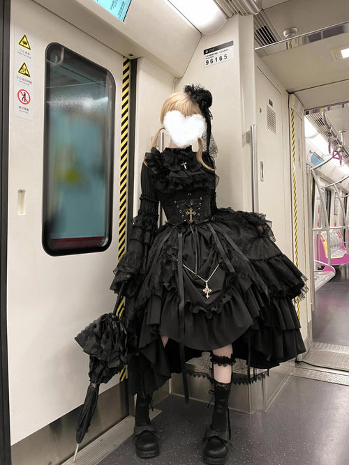 Black Gothic Lolita Dress Set - Long Sleeve Halloween Cosplay Outfit