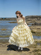 Yellow Square Neck Lolita Dress Set with Seven-Tier Ruffles