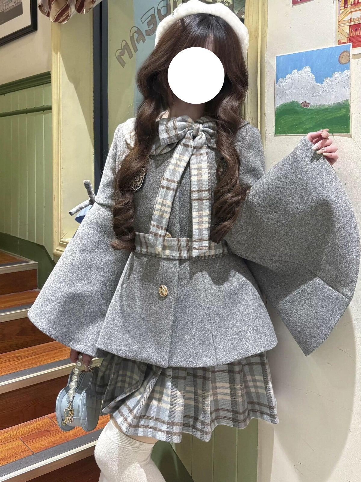 Grey Preppy Lolita Dress Set with Doll Collar Coat & Plaid Skirt