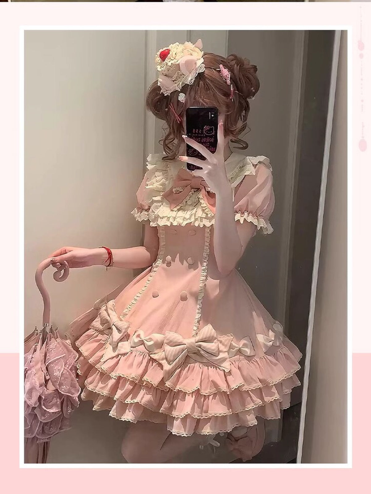 Pink Stripe Sweet Lolita OP Dress Full Set with Hat & Detachable Sleeves