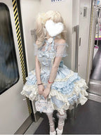 Sweet Blue Halter Gothic Lolita JSK Dress with Bow Train