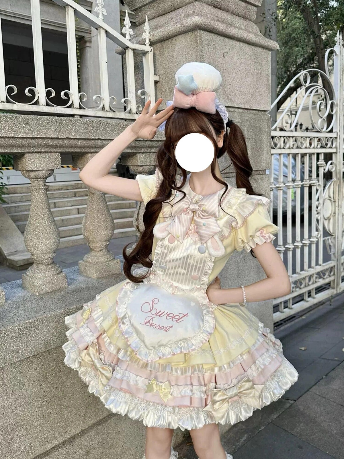 Sweet Pink Yellow Rabbit Maid Lolita OP Dress Set with Apron & Hat