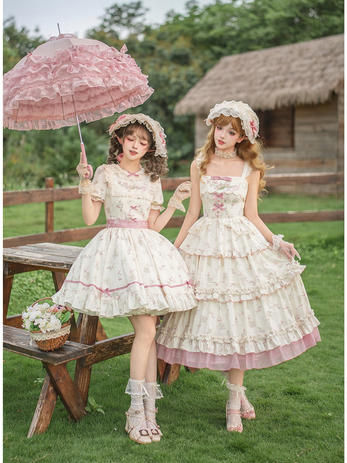 Embroidered Lolita OP Set with Pink Flat Hat & Belt