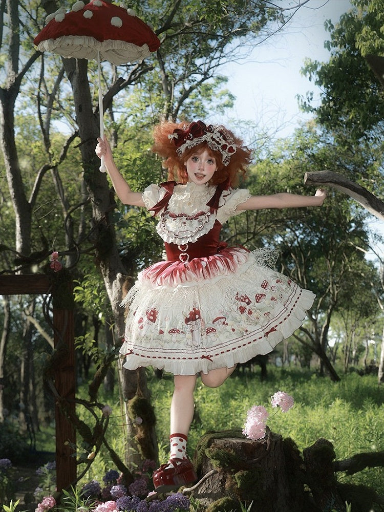 Red Velvet Mushroom Print JSK Dress with Heart Accent - Honey Machine | CoyBunny