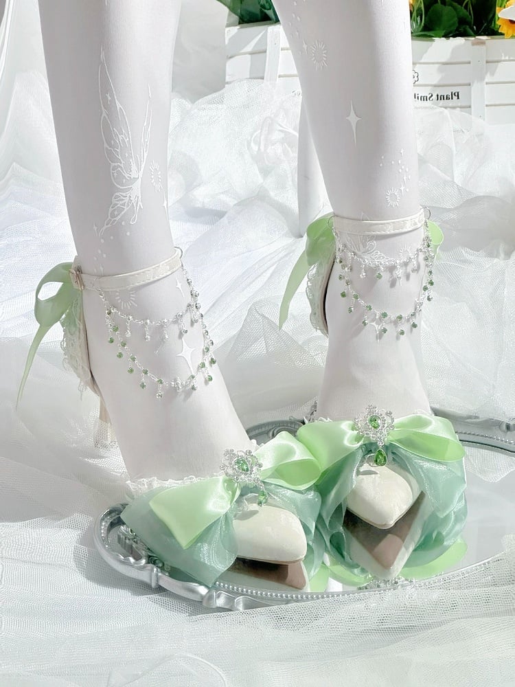 Emerald Pointed Lolita Heels with Lace Ankle Strap - Miaomiao Just for You | CoyBunny