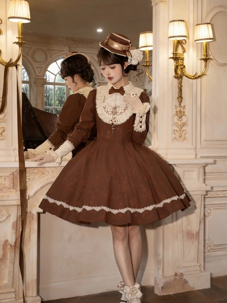 Brown Lace OP Dress with Detachable Bow - iris de nuit | CoyBunny